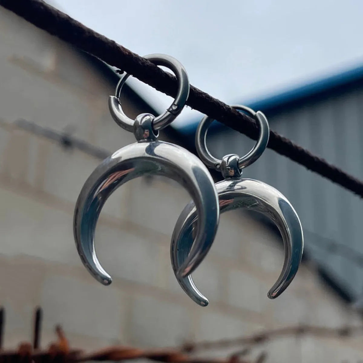 Silver Gothic moon geometric hoop earrings with punk styling