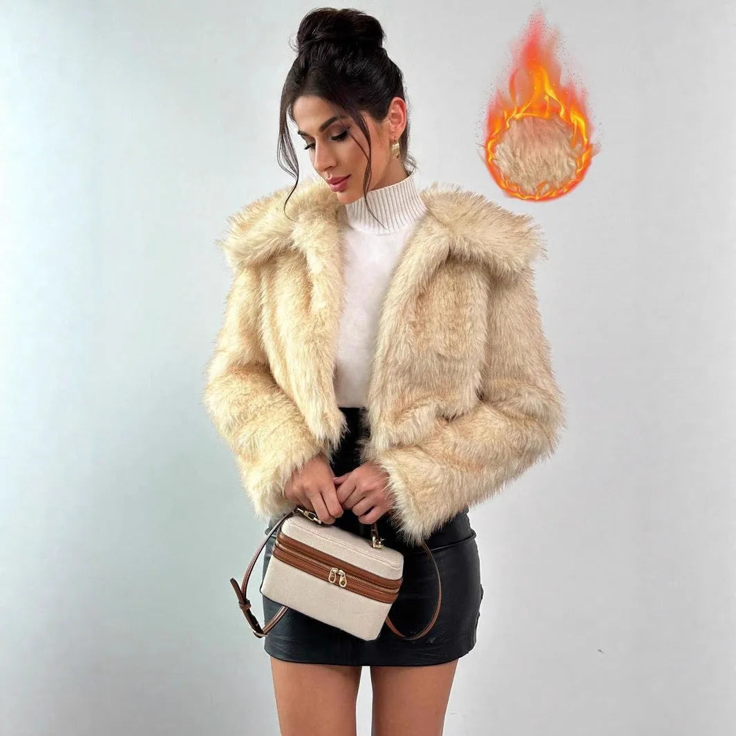 Artificial fur coat with fur collar in short length, showing thick pile construction and cute style design