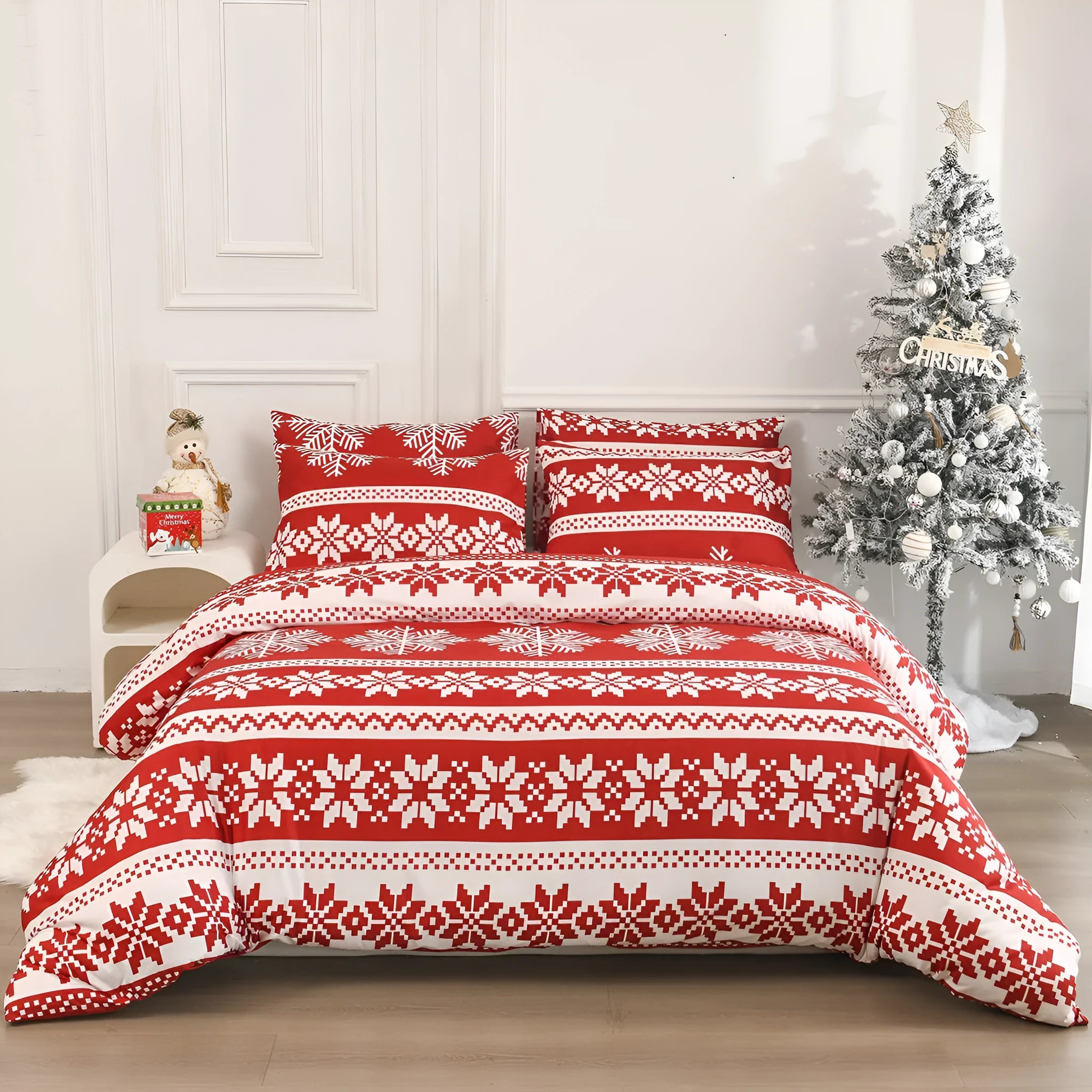 Red Winter Sleepers bed three-piece set with Christmas Love Song pattern on a bed
