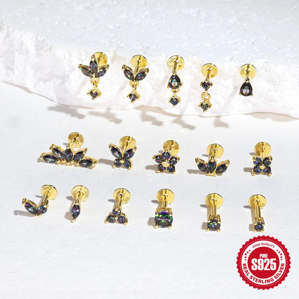 S925 sterling silver flat head thread piercing with super shiny rainbow stone in gold tone.