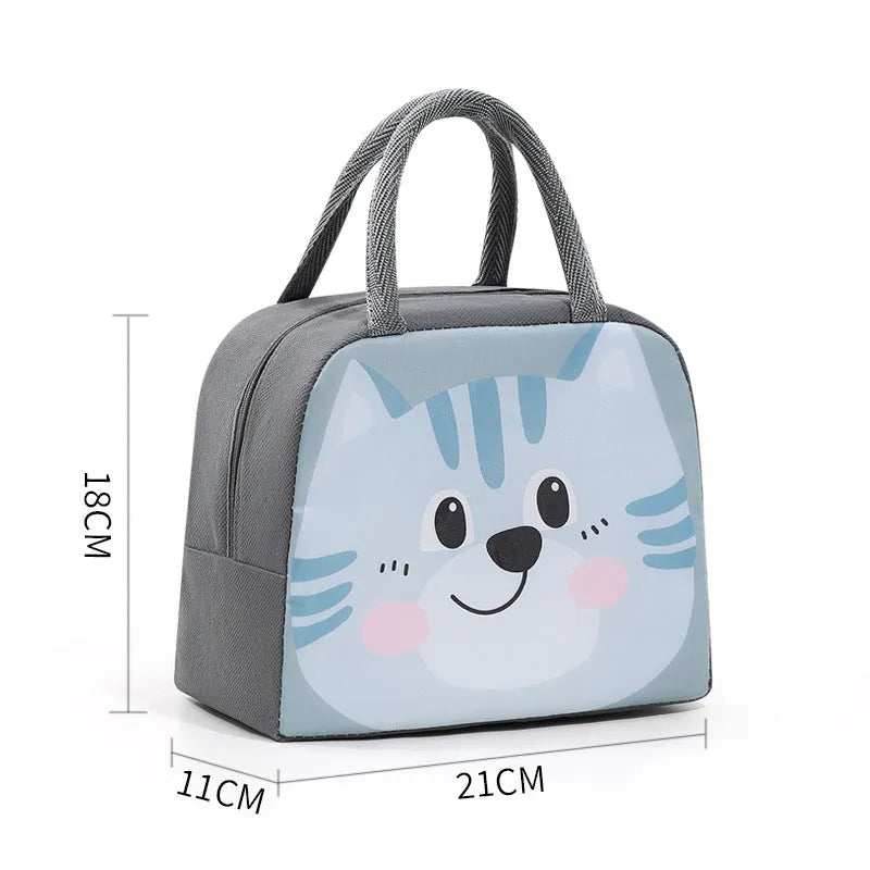 Cartoon insulated lunch box bag in Oxford cloth with aluminium foil insulation.