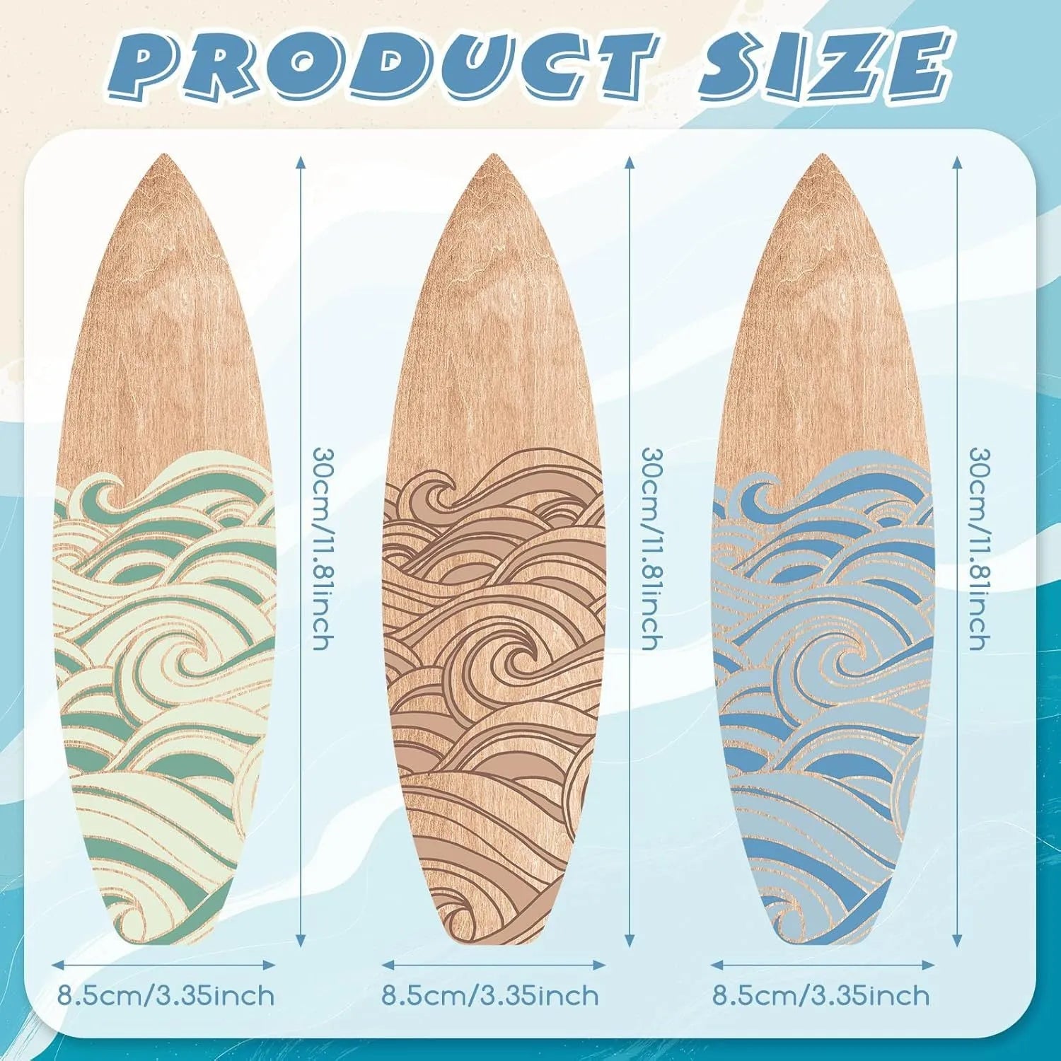 Set of three wooden surfboard-shaped wall decorations on a light background.