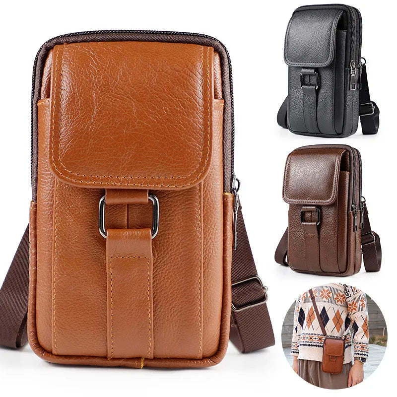 Men's black genuine leather crossbody waist bag with lock detail and vertical square shape