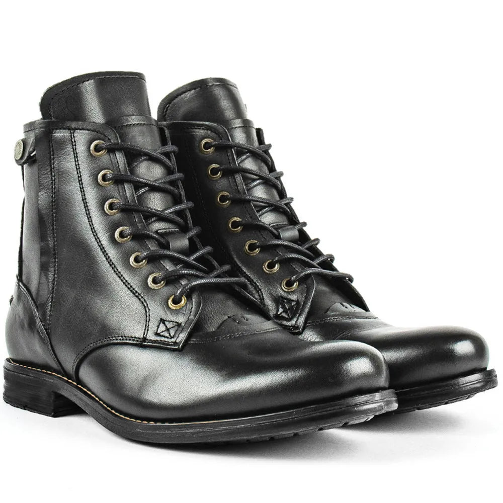 Knight Series black and brown two-tone leather boots with side zipper and low heel.