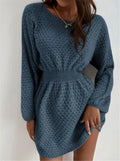 Blue women's knitted dress with hand crocheted floral details and fitted waist