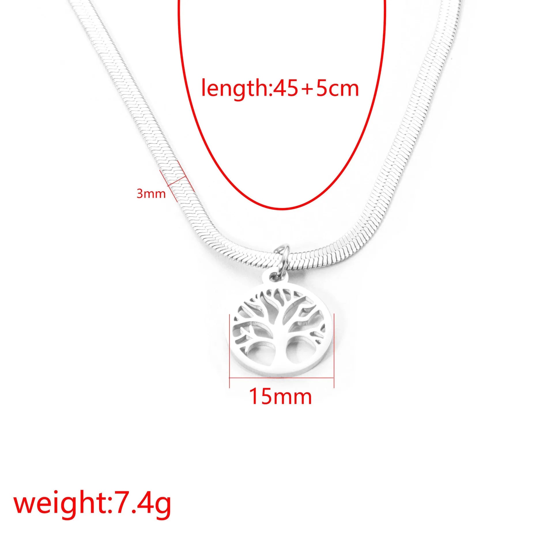 Stainless steel lucky tree necklace on adjustable snake bone chain with titanium steel pendant