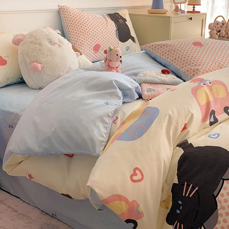 Cartoon dog pattern cotton bedding four-piece set showing quilt cover and sheets