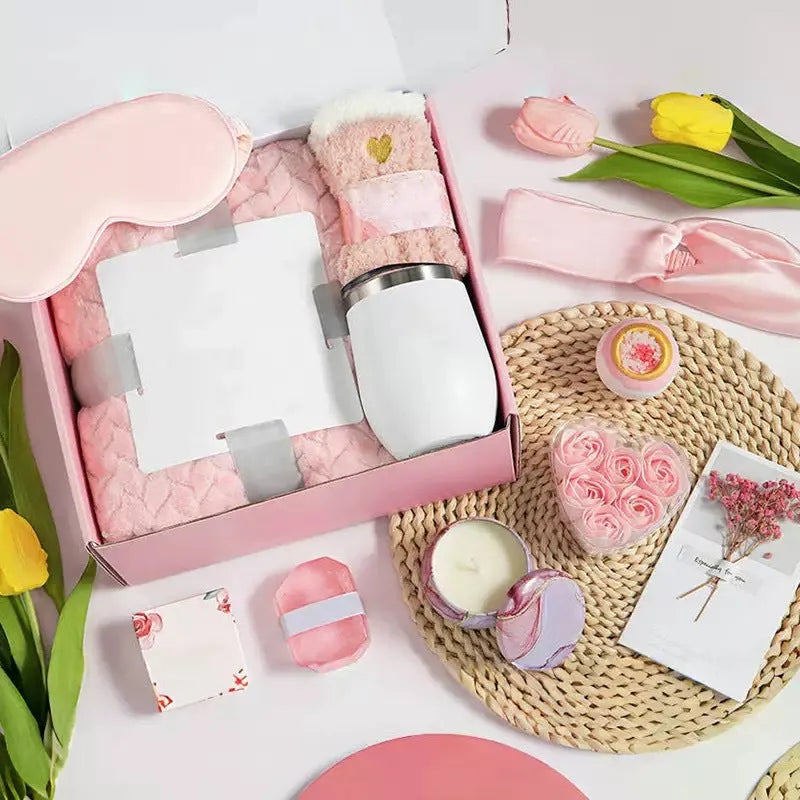 Aromatherapy candle bath gift box with soy wax candles and bubble bath products in modern simplicity design