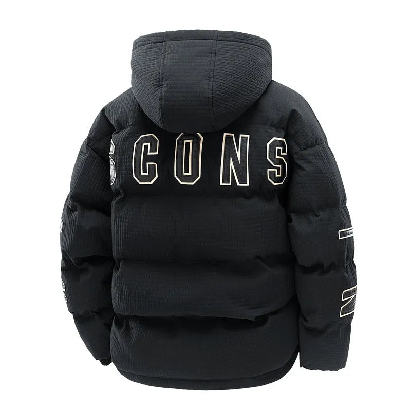Men's black Korean-style cotton-padded winter coat with a hood, zip front, side pockets, and a white letter print on the chest.