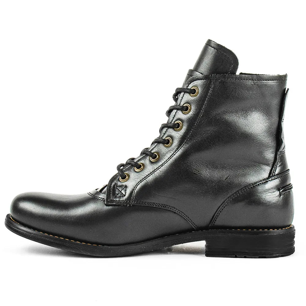 Knight Series black and brown two-tone leather boots with side zipper and low heel.