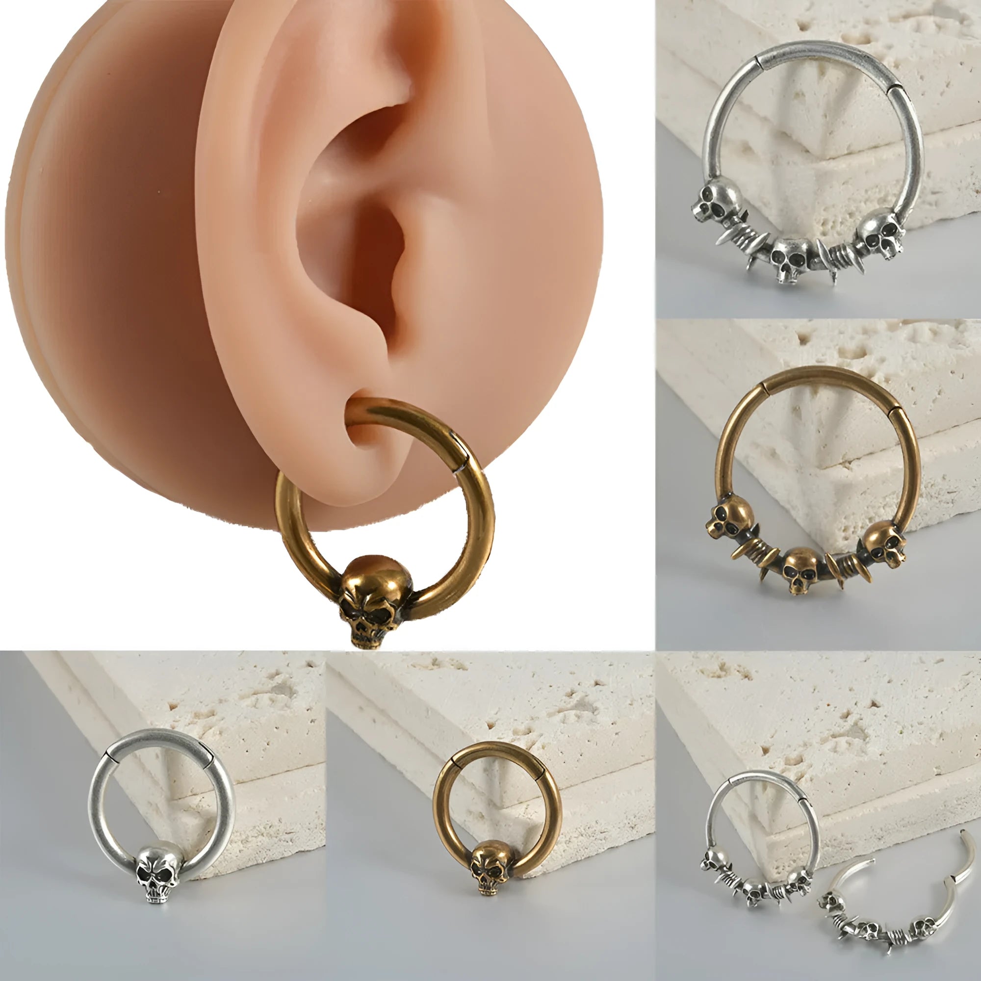Antique silver and gold punk copper earrings with ghost head designs