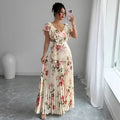 Apricot floral print dress with V-neck, ruffled short sleeves, and a high-waisted long swing skirt
