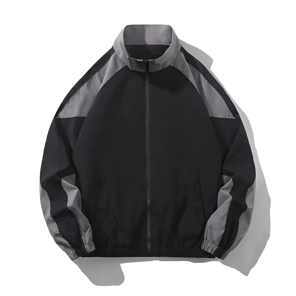 Men's black casual jacket with contrast stitching detail and side pockets, shown in loose fit for spring and autumn wear