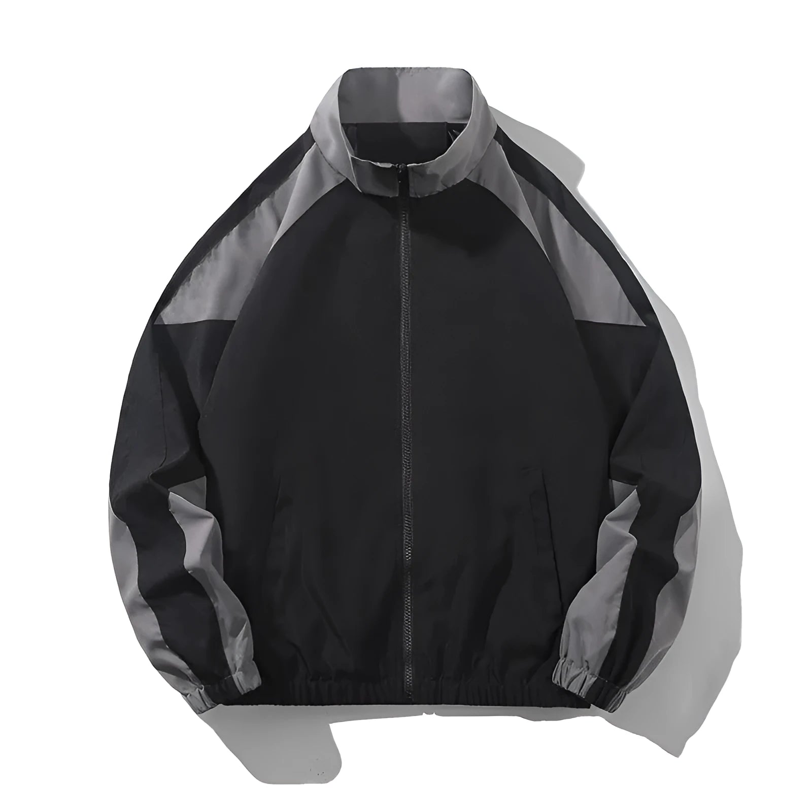 Men's black casual jacket with contrast stitching detail and side pockets, shown in loose fit for spring and autumn wear