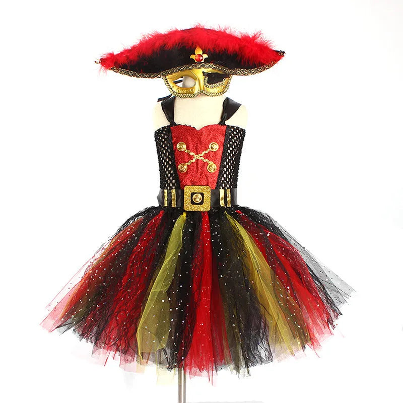Girls sleeveless pirate costume dress with sequins and mesh gauze, includes optional eye mask.