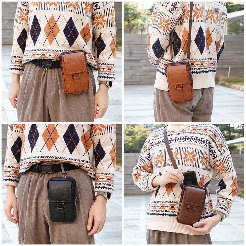 Men's black genuine leather crossbody waist bag with lock detail and vertical square shape