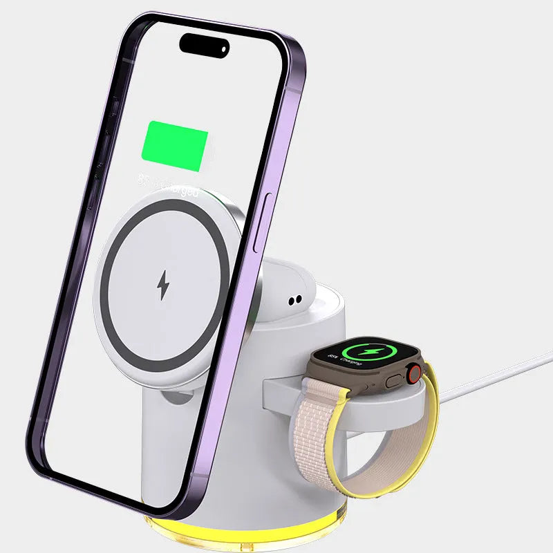 C16 portable folding wireless charger charging a smartphone, a smartwatch, and wireless earbuds simultaneously.