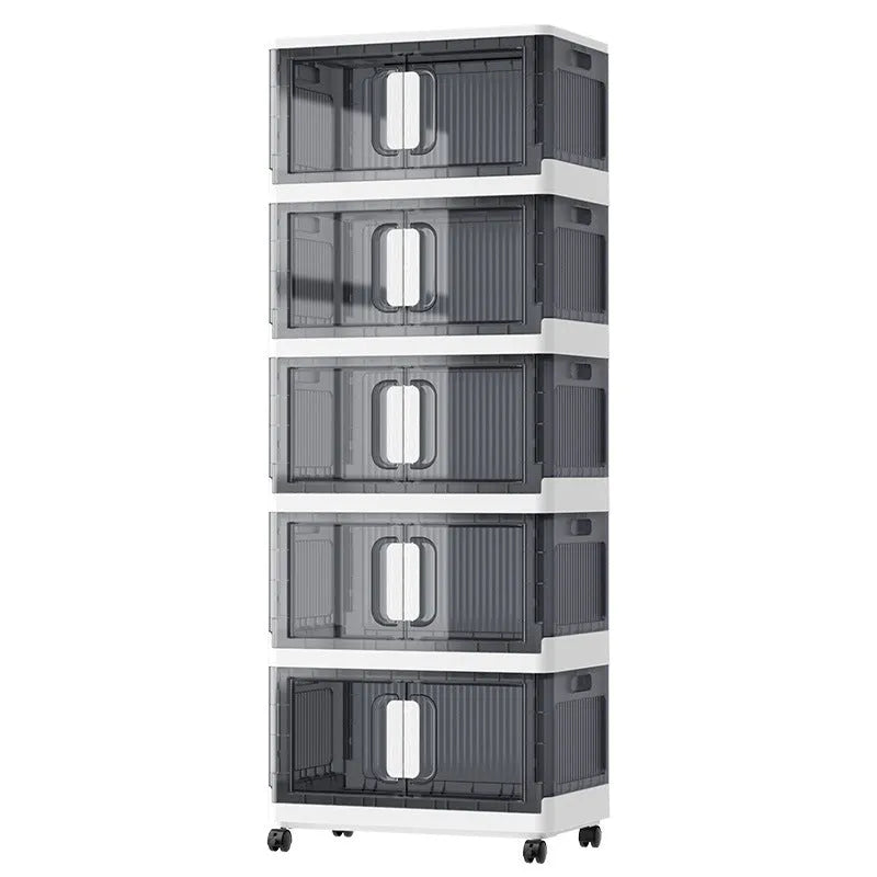 Foldable household storage locker with wheels in grey colour showing multiple storage layers