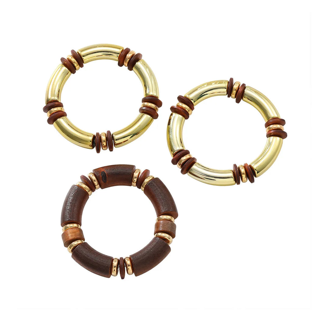 Women's multi-layer wooden necklace and bracelet set with alloy pendants in European exaggerated fashion style