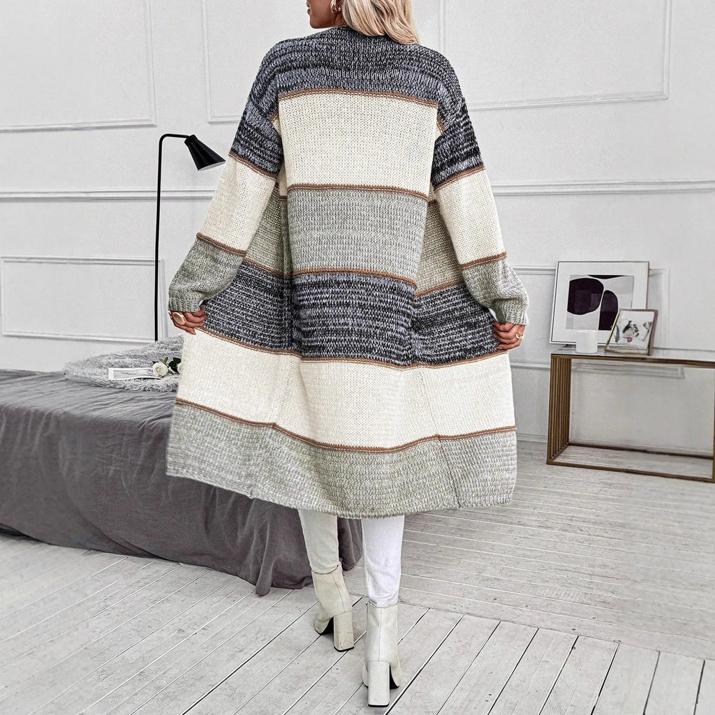 Grey striped women's knitted cardigan with loose fit and long sleeves