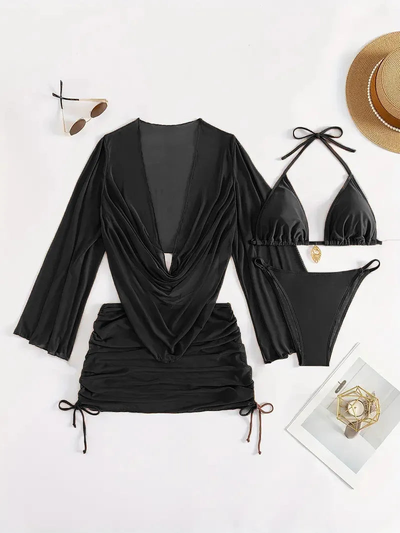 Women's lace-up bikini swimsuit in dark brown or black with sleeveless, backless two-piece design