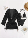Women's lace-up bikini swimsuit in dark brown or black with sleeveless, backless two-piece design