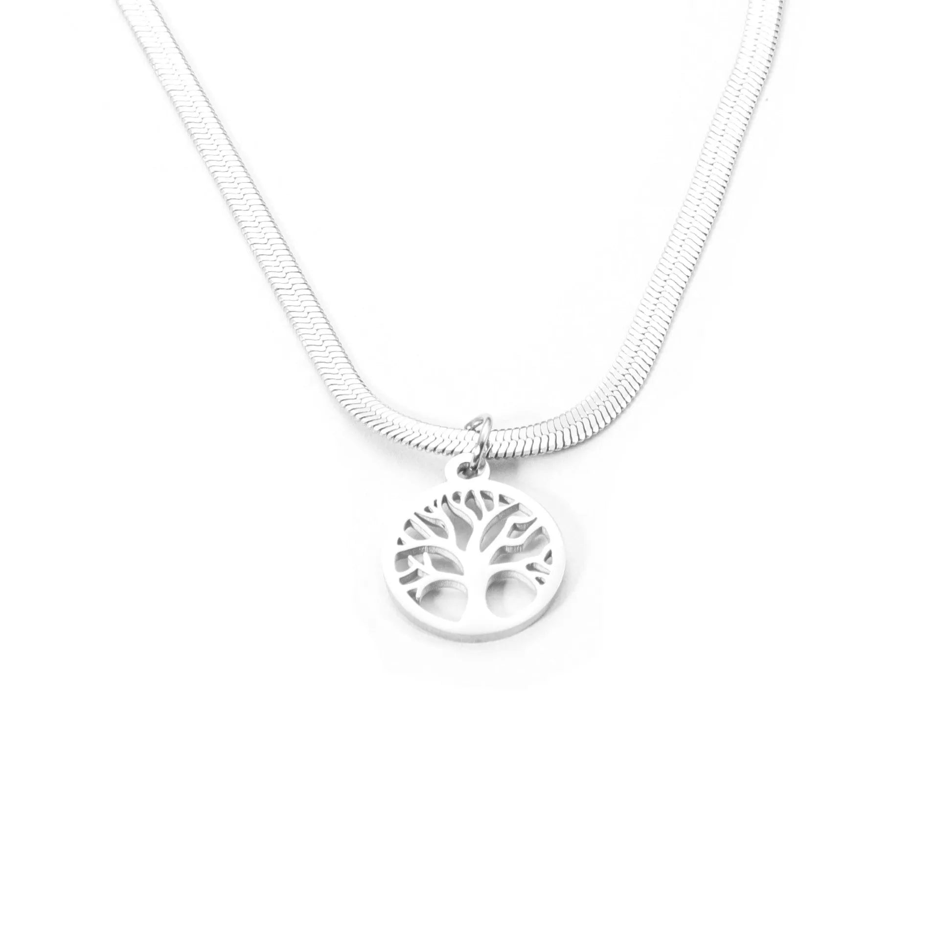 Stainless steel lucky tree necklace on adjustable snake bone chain with titanium steel pendant