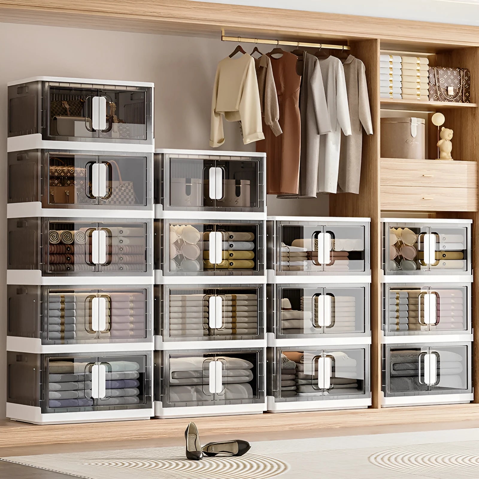 Foldable household storage locker with wheels in grey colour showing multiple storage layers