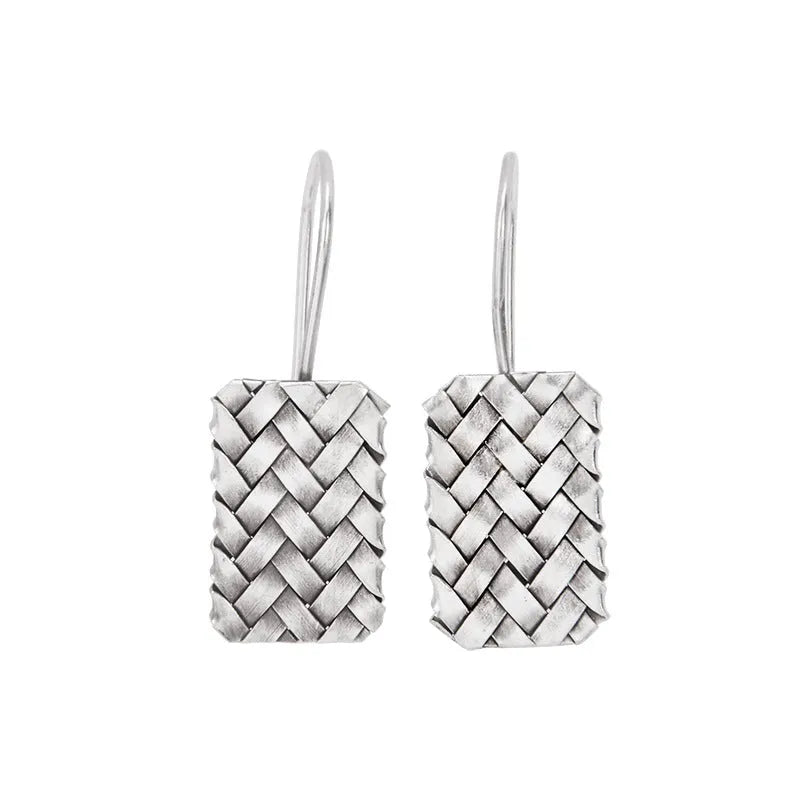 Silver geometric woven diamond plaid earrings with 17.5mm drop measurement