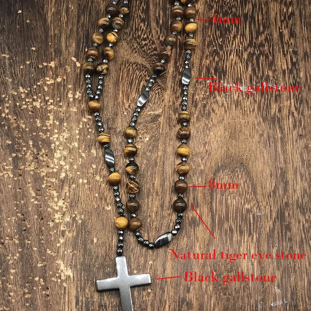 Men's stone cross pendant necklace with ball bead chain and safety lock clasp in geometric design.