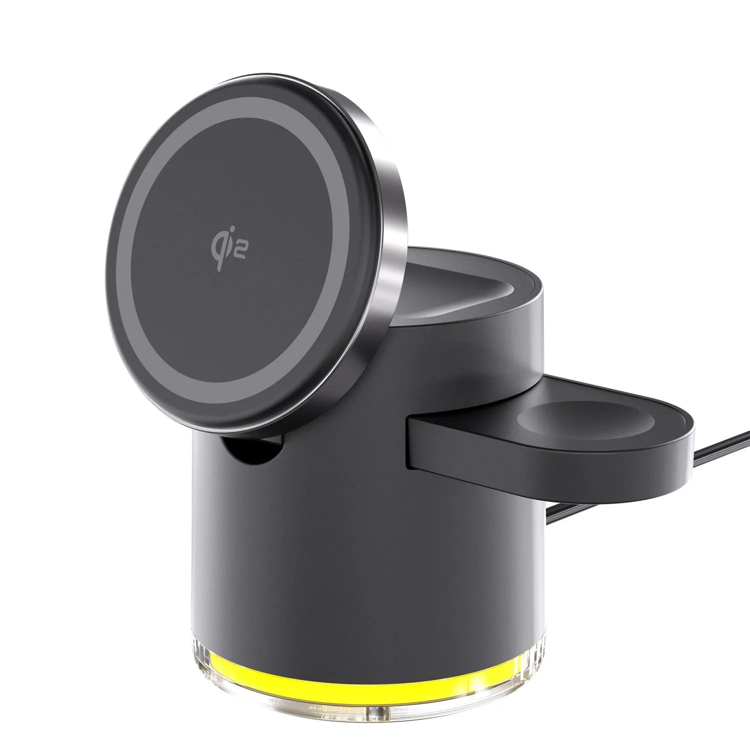 C16 portable folding wireless charger charging a smartphone, a smartwatch, and wireless earbuds simultaneously.