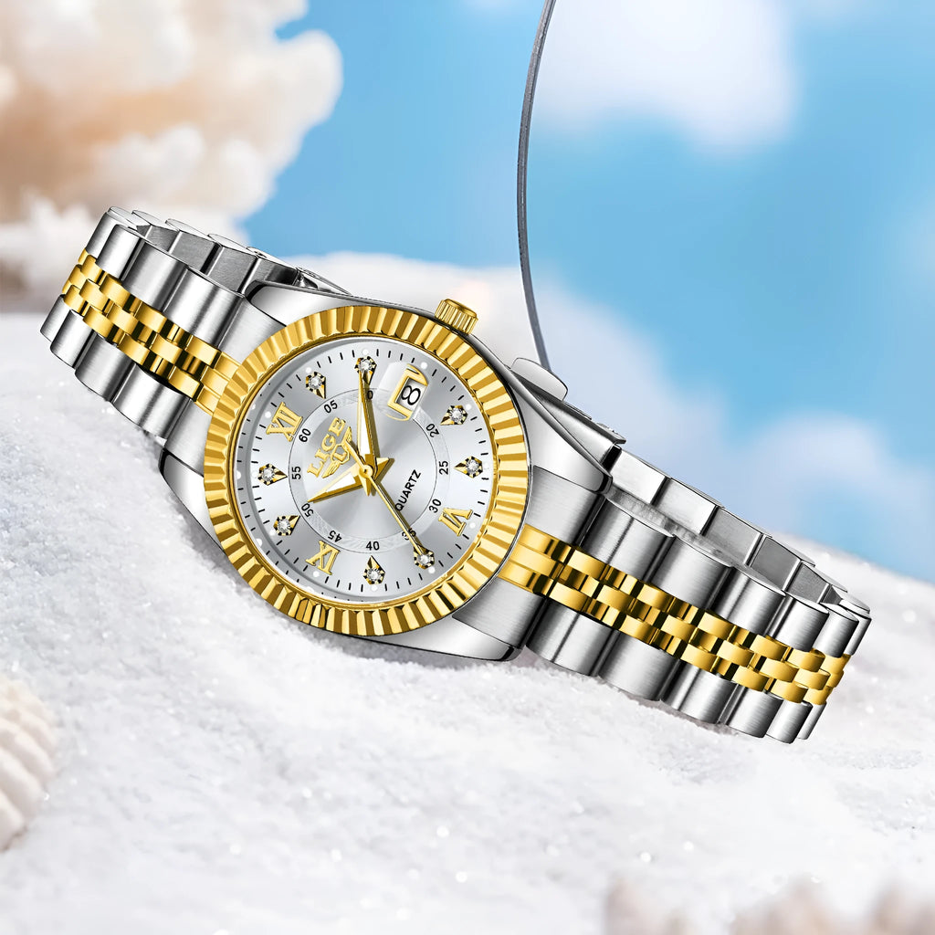 Waterproof quartz fashion watch with 10mm thickness in gold and silver colour options