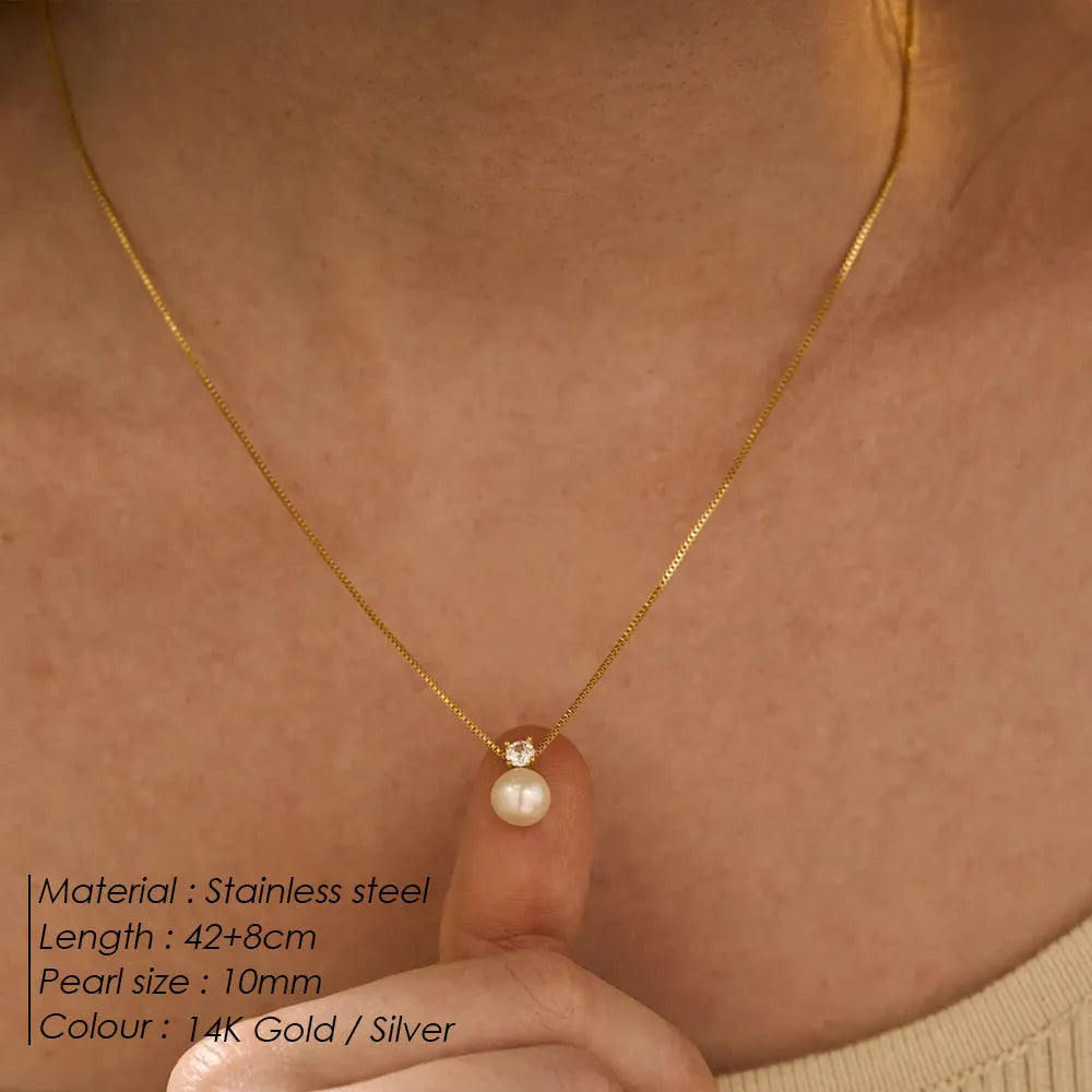 St Delan simple pearl zircon necklace for women in stainless steel with gold or steel colour options