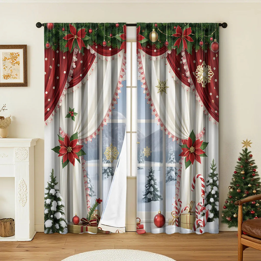 3D digitally printed Christmas curtains set of two in European style with high sunshade function