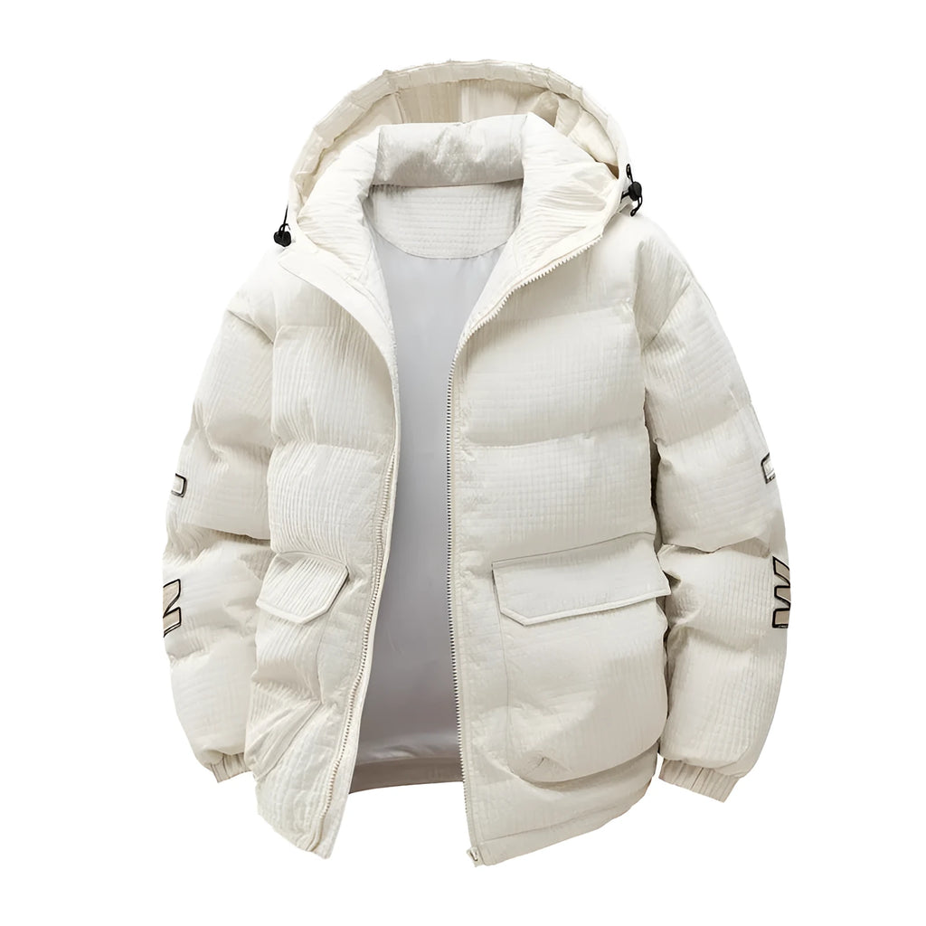 Men's black Korean-style cotton-padded winter coat with a hood, zip front, side pockets, and a white letter print on the chest.