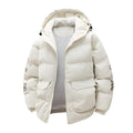 Men's black Korean-style cotton-padded winter coat with a hood, zip front, side pockets, and a white letter print on the chest.