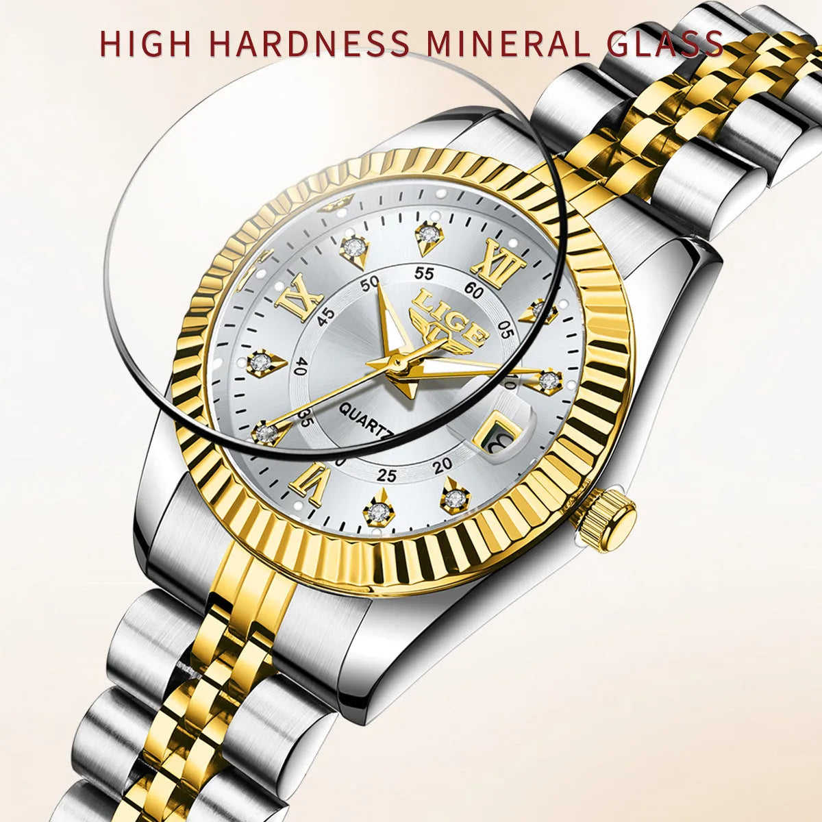 Waterproof quartz fashion watch with 10mm thickness in gold and silver colour options