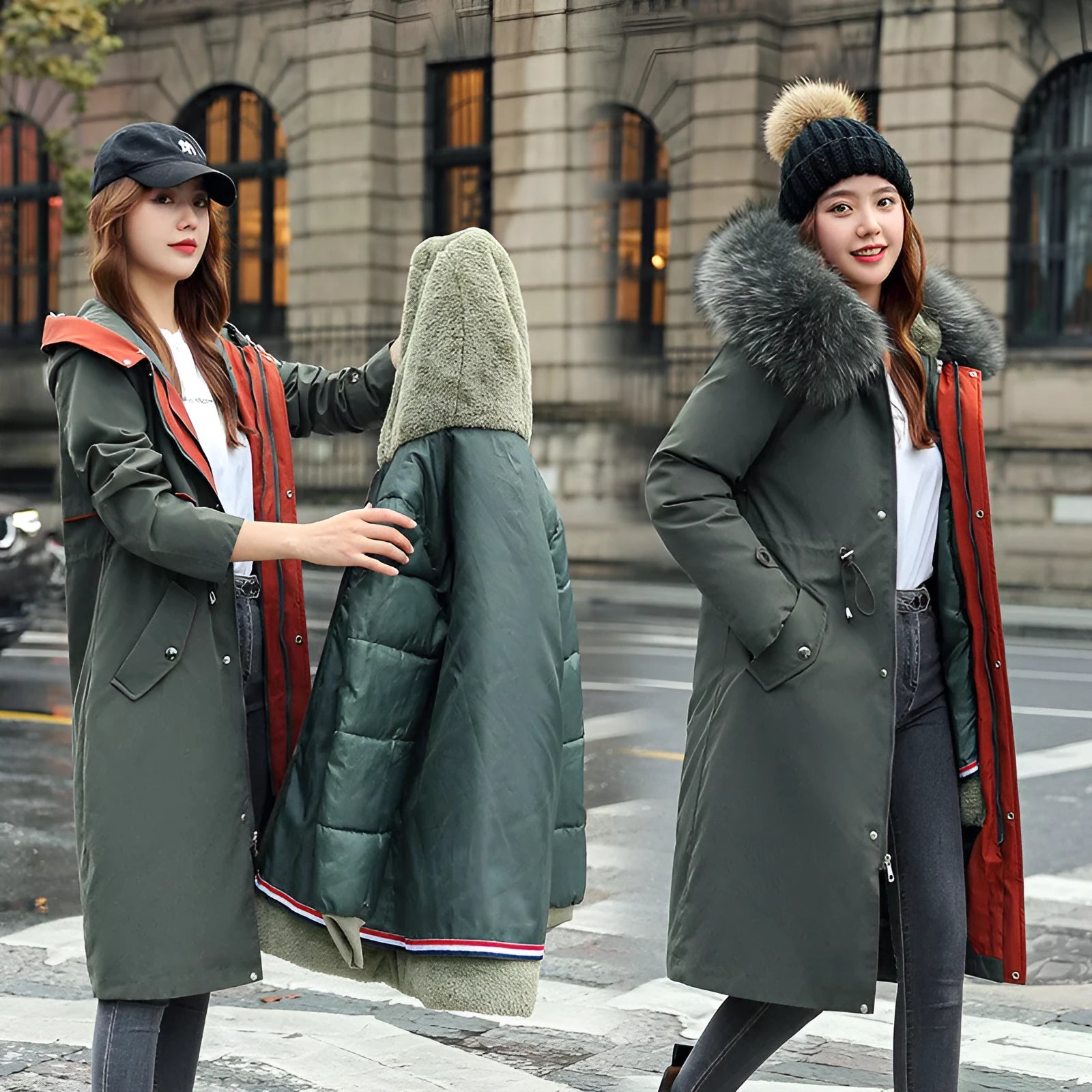 Women's long beige trench coat with fleece lining and a two-way zip front closure.