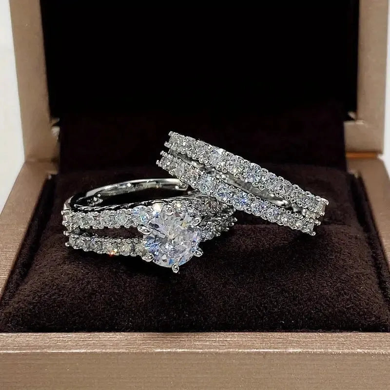 Female alloy ring set with diamond treatment in silver gold rose gold colours, geometric round shape