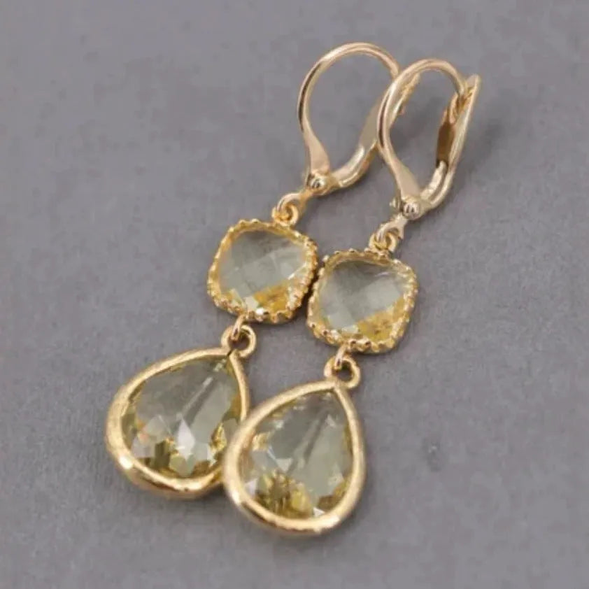 Gold retro geometric earrings with long crystal fringe droplets on copper with electroplated finish