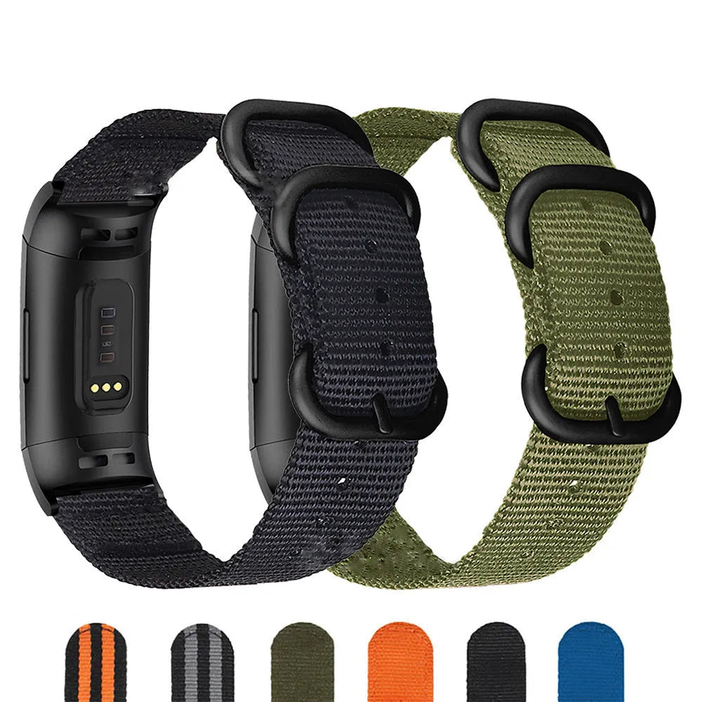 Nylon three-ring buckle replacement strap for Fitbit Charge 2, 3, 4, and 5 fitness trackers in army green colour.