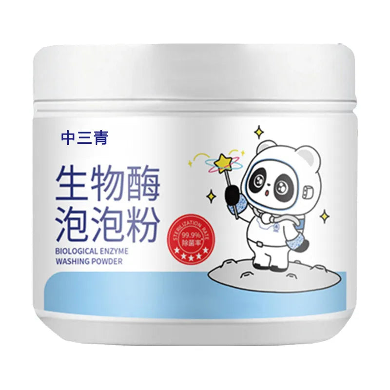 Bottle of biological enzyme bubble powder laundry detergent for stain removal and colour protection.