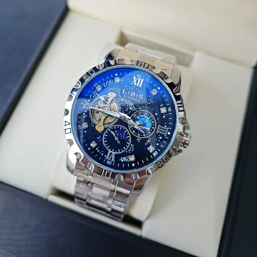 Men's silver case automatic mechanical watch with black starry dial and luminous hands