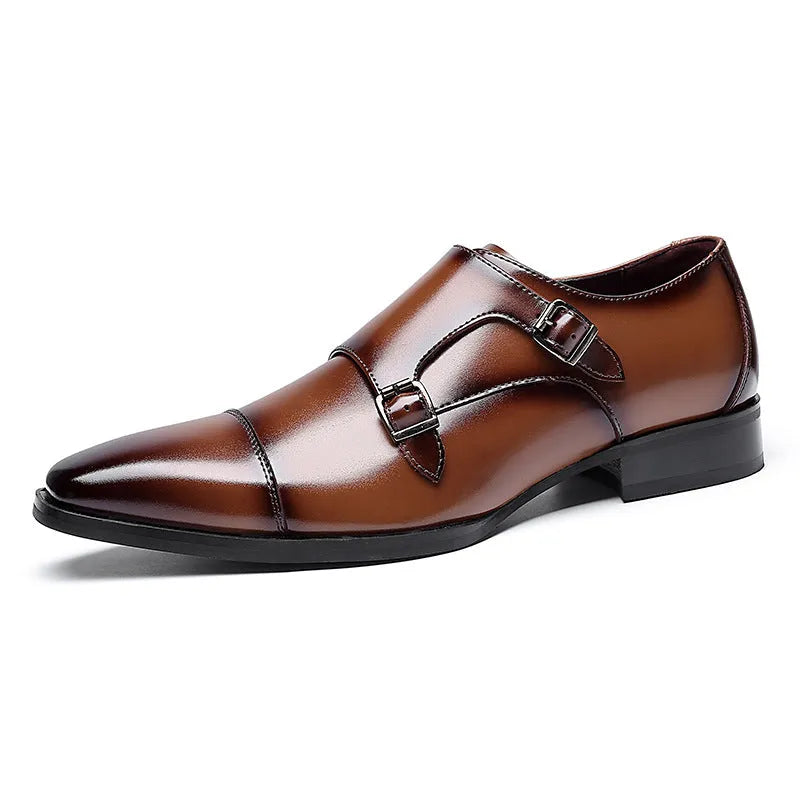 Men's black and light brown square toe leather shoes with rubber sole for business wear.