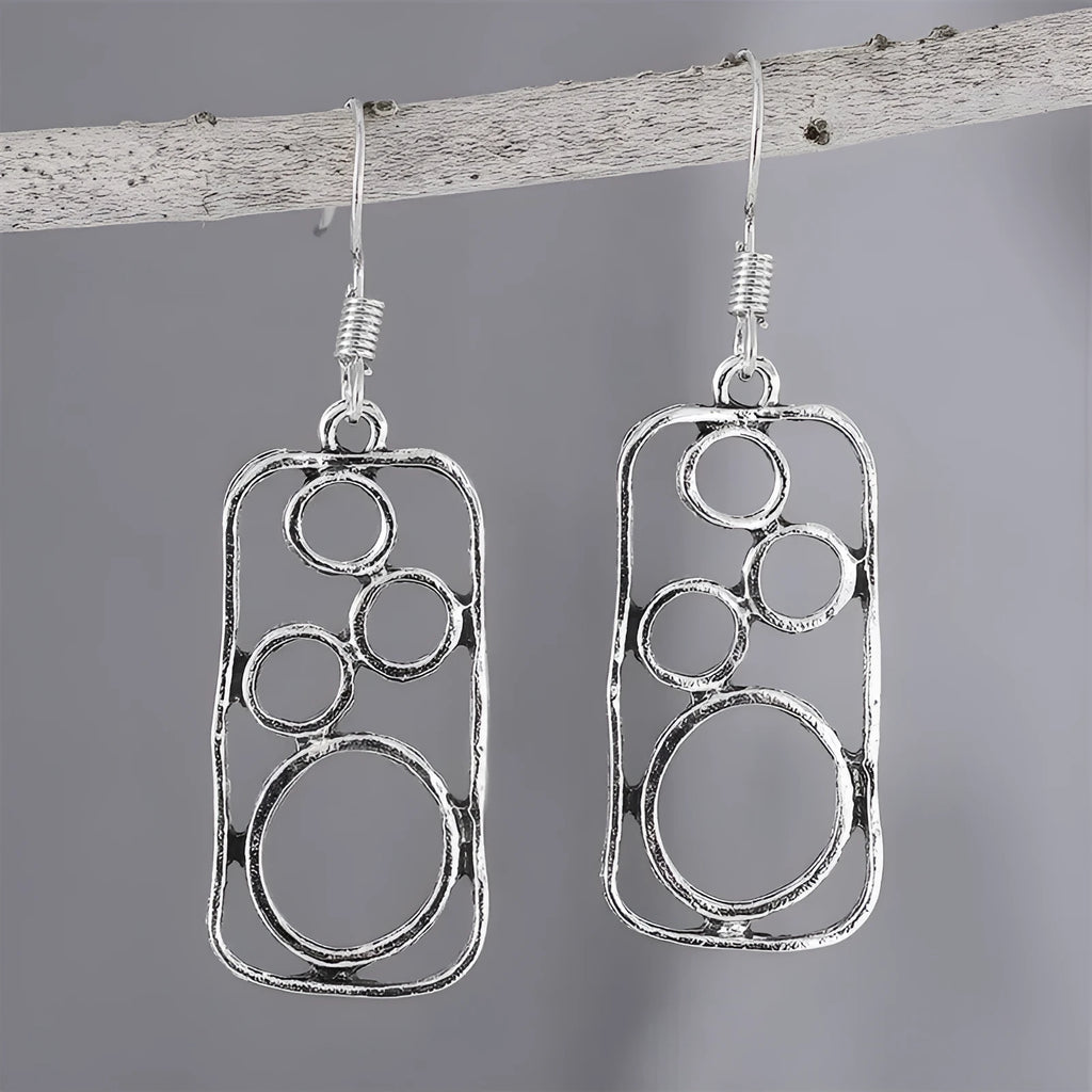 Geometric round earrings with irregular square design in antique silver zinc alloy