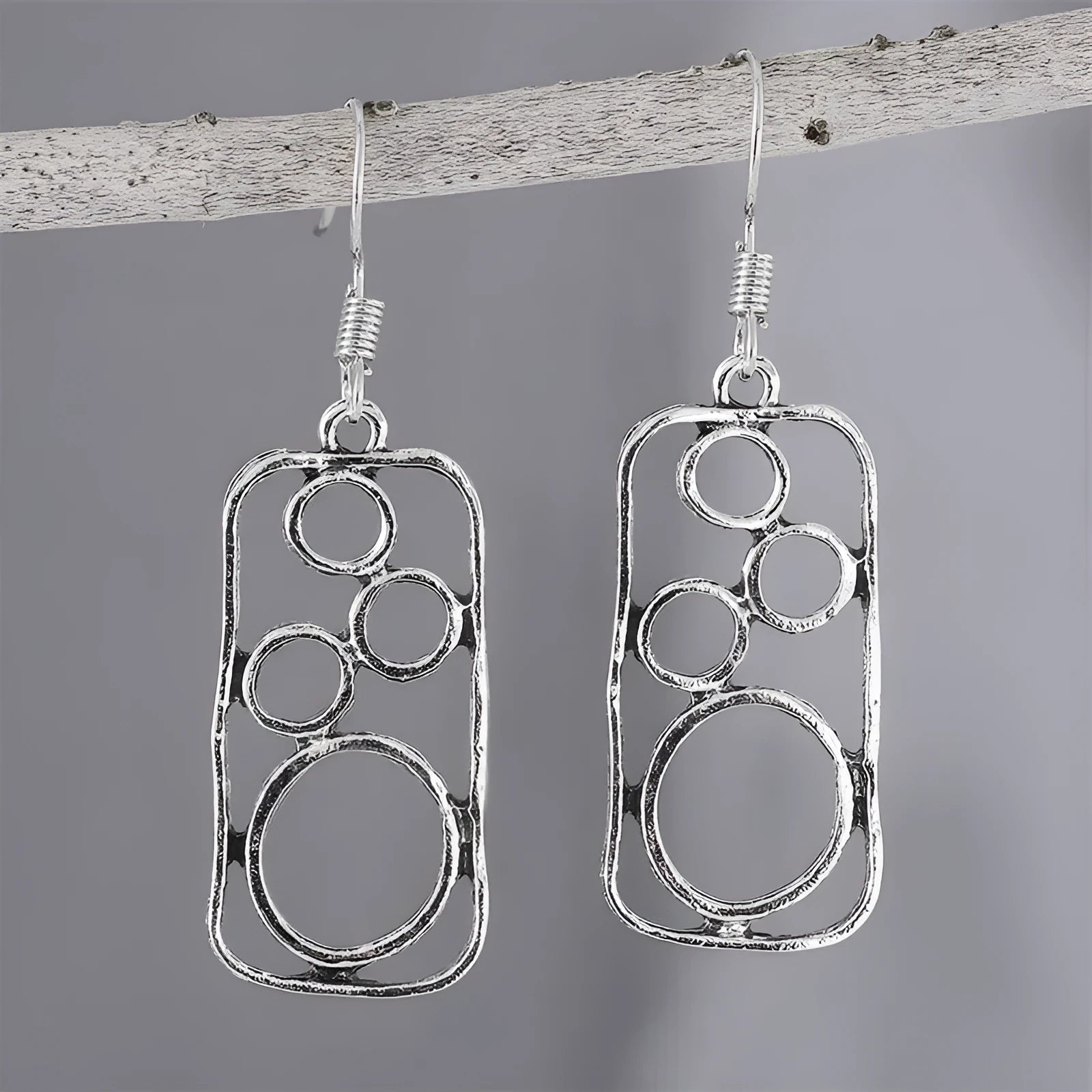 Geometric round earrings with irregular square design in antique silver zinc alloy