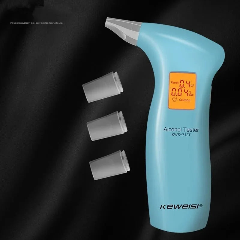 Portable orange light breath alcohol tester with replaceable mouthpieces in black and blue casing options
