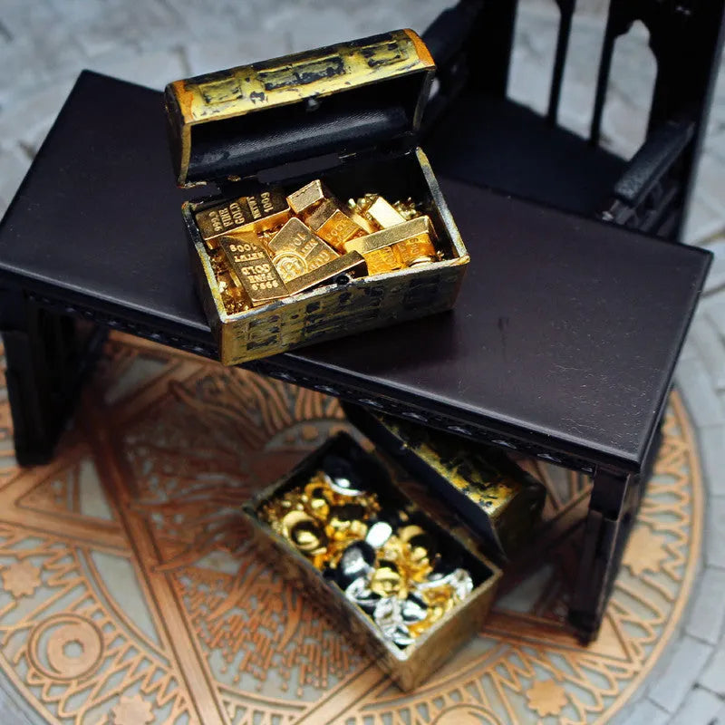 Alloy gold coin treasure box miniature doll house accessories with gold bar decorations