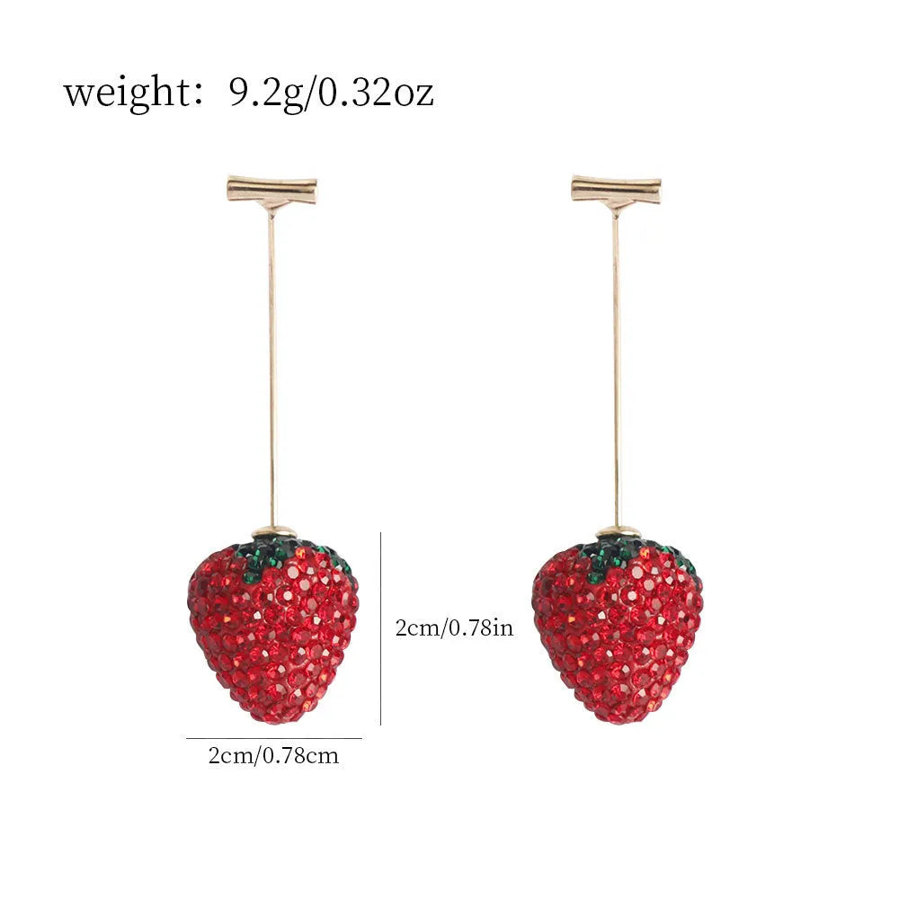 Red strawberry-shaped geometric earrings with spot drill crystals on zinc alloy