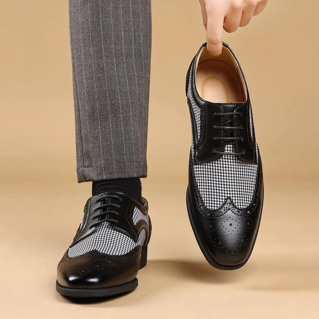 Men's casual canvas shoes with imitation houndstooth plaid pattern, square toe, and rubber sole in black, brown, wine red, and yellow